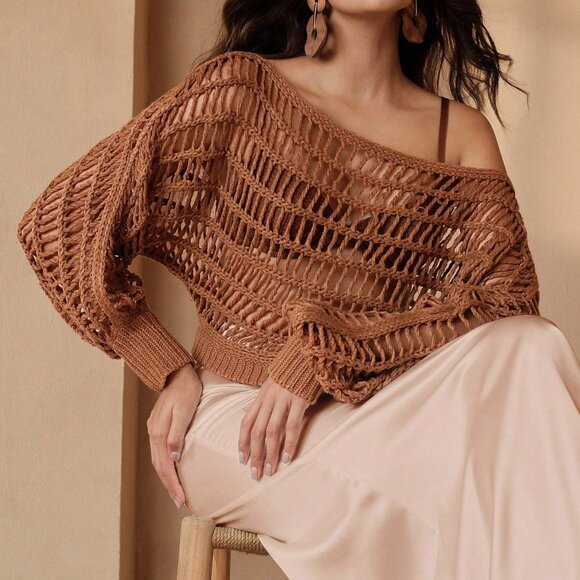 Coffee Brown Casual Women's Crochet Milleraie Sweater - Picture 1 of 8